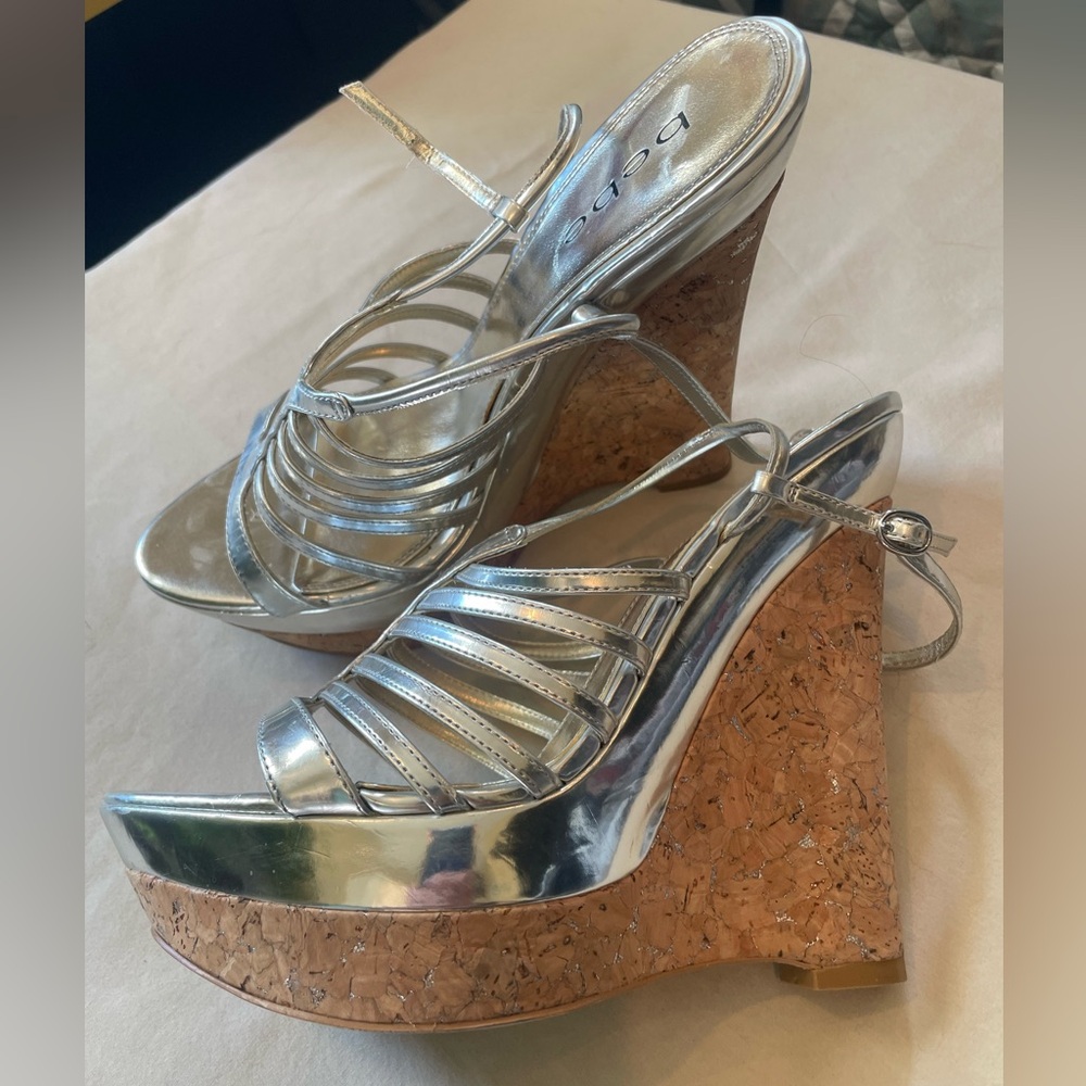 Bebe Metallic Silver Cork Wedges